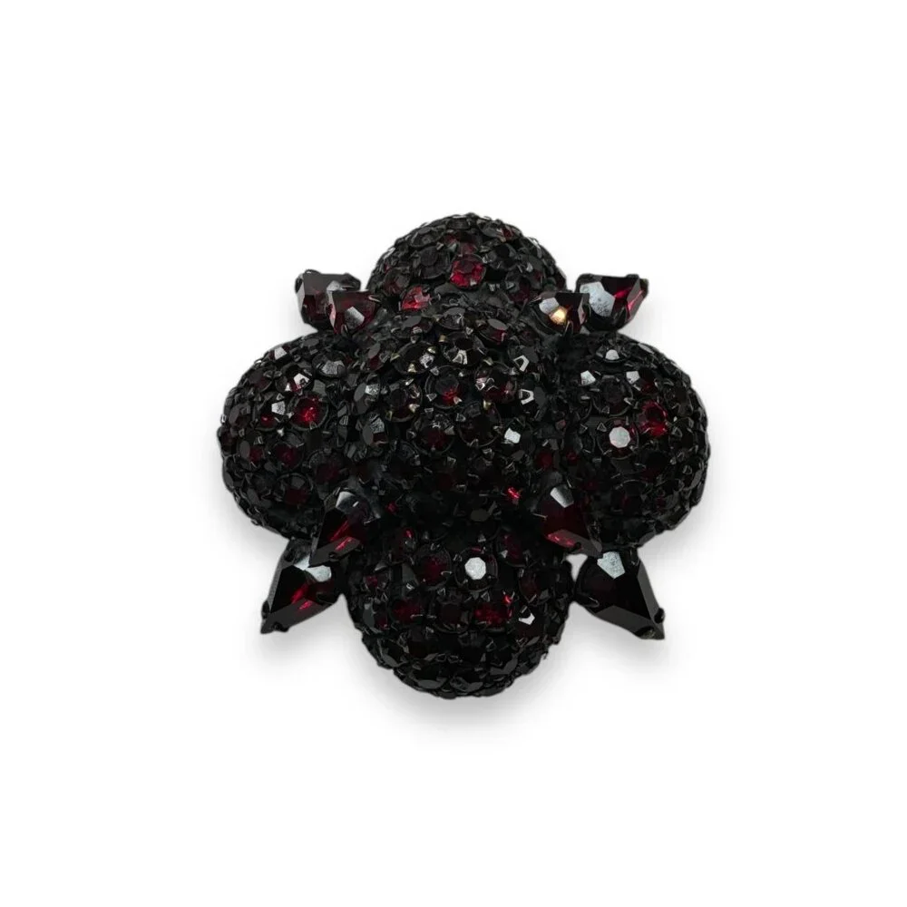 Vintage Warner Red Crystal Flower Brooch Pin Japanned Metal 2.5" Diameter - Picture 1 of 13